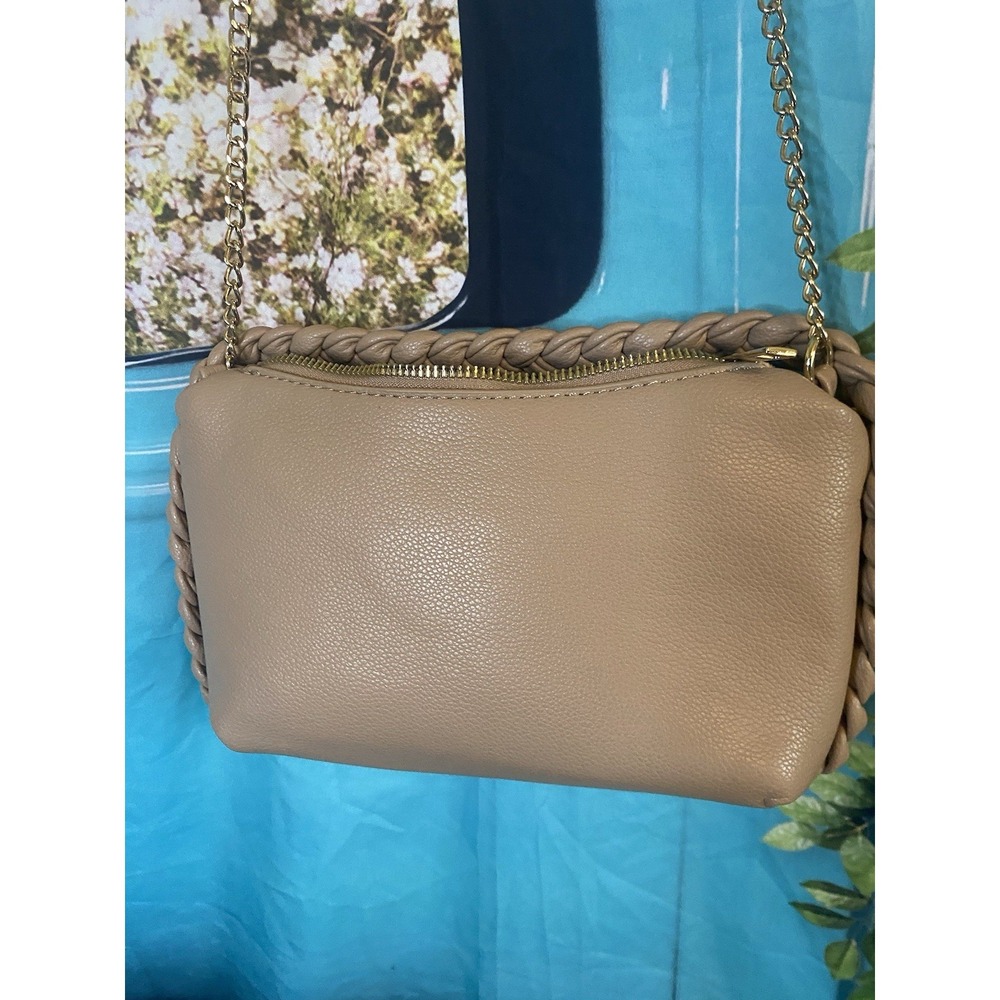 Taupe Faux Leather Crossbody Shoulder Bag Gold Chains EUC *Clean